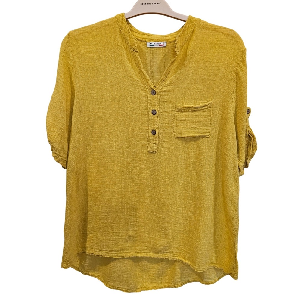 Yellow Made in Italy Cotton Viscose Button Up Pocket Blouse High Low Buttter